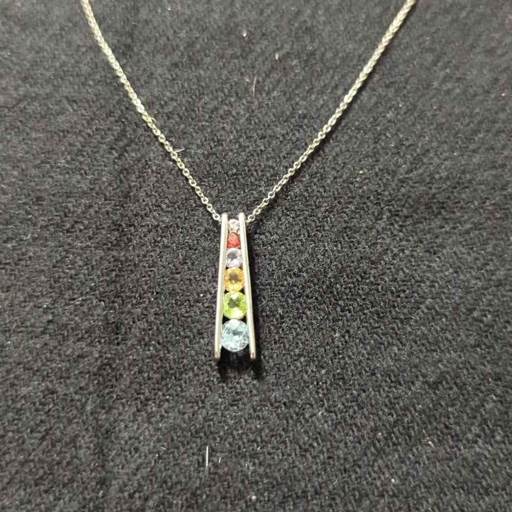 RSE Robert Seeman Sterling Silver Ladder Gemstone Pendant Statement Necklace